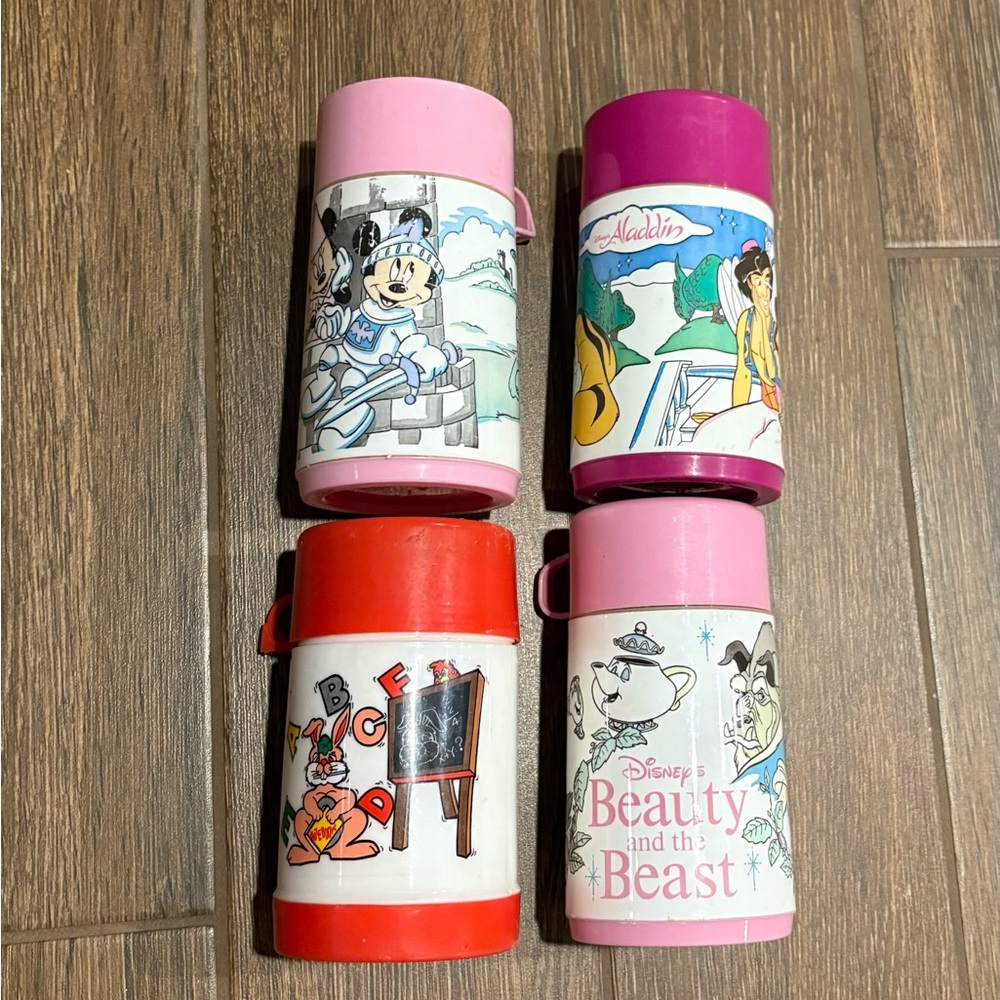 Vintage‎ Disney Lot Of 4 Character Thermos Mickey Mouse Aladdin Beauty And Beast